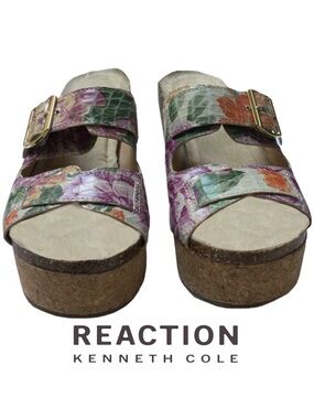 Kenneth Cole Reaction Cork Wedge Platform Sandals Floral Print Adjustable EUC 8